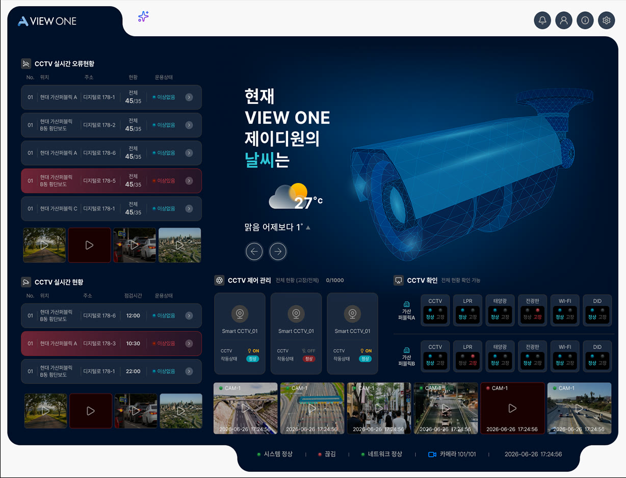 AI View One 실시간 CCTV 현황 통합관제 화면